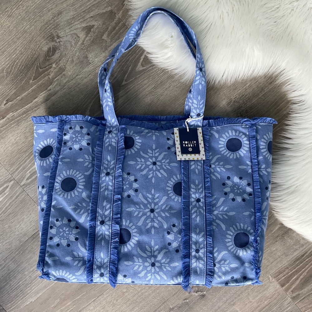💙 Roller Rabbit x Target Star Medallion Fringe Canvas Tote Bag Blue - Picture 1 of 9